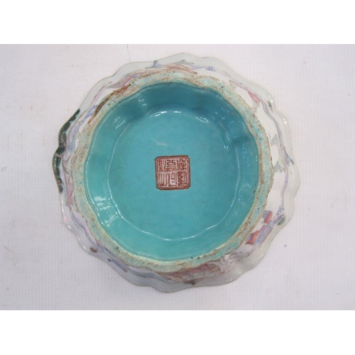 132 - Chinese bowl having everted ogee moulded rim, turquoise interior and painted exterior with figures a... 