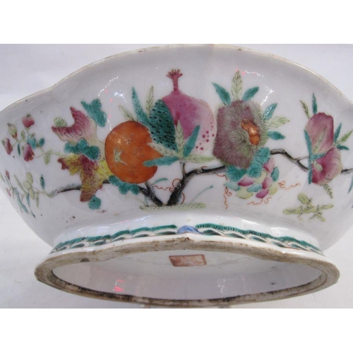 136 - Chinese porcelain bowl, oval and six-lobed, the exterior painted with pomegranate branches, on lobed... 