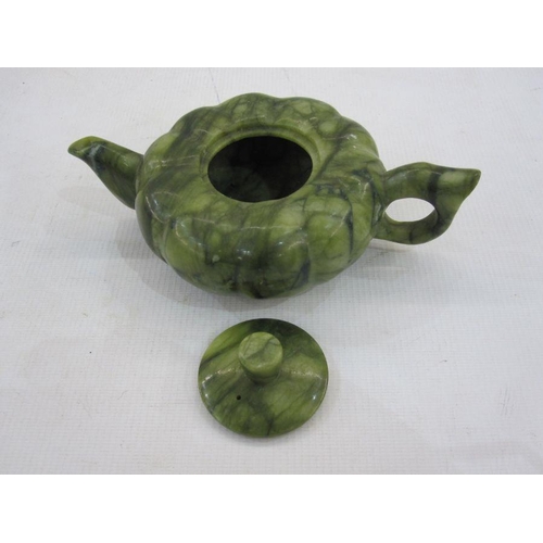 157 - Chinese variegated jade teapot of pumpkin form, 17cm over the handle