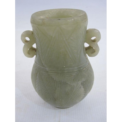 158 - Chinese carved jade baluster vase of flattened form, having pair S-scroll handles and the body carve... 