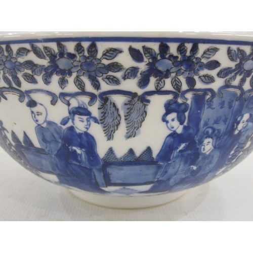 159 - Probably Japanese porcelain bowl painted in blue and black, with group of figures in interior, panel... 