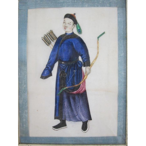 162 - Pair of Chinese watercolour drawings on rice paper
 Portrait of a man standing with bow and arrows a... 