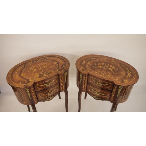 18 - Pair of 20th century French-style kidney-shaped marquetry inlaid two-drawer side tables, the shaped ... 