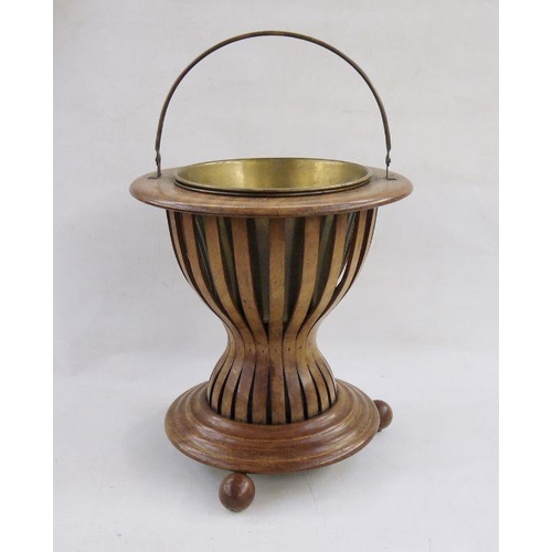 20 - Georgian style mahogany and satinwood strung jardiniere of circular form with brass loop handle, bra... 