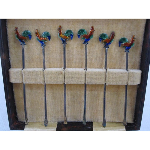 201A - Set of six silver cocktail sticks, the finials enamelled cockerels, boxed