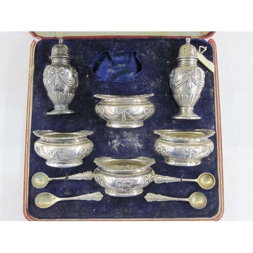 221 - Late Victorian part six piece silver condiment set decorated ribbon ties and swags, Birmingham 1899,... 