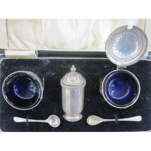 223 - Three-piece silver condiment set, cased, two silver  salt spoons and a plated set of six shell bow c... 