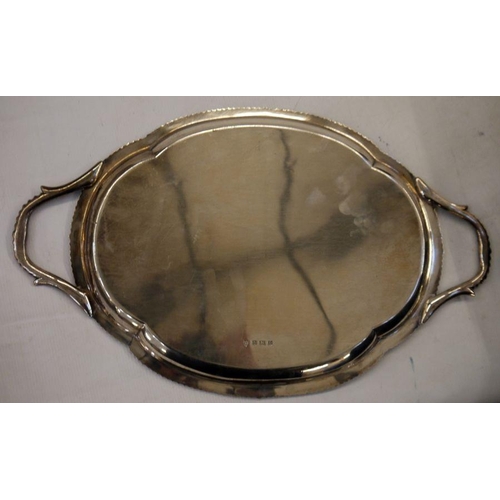 235 - Silver tray, shaped oval with gadrooned border, gadrooned and foliate handle, 46cm wide x 28cm, Birm... 