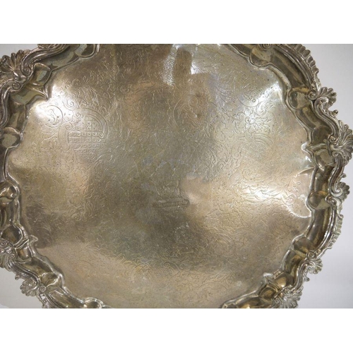 260 - George III large silver salver, centre with stag crest ( rubbed) floral and foliate scroll engraving... 