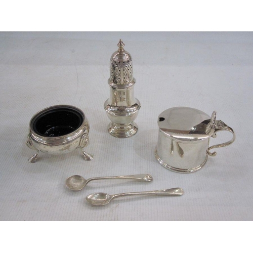 273 - Silver three-piece condiment set by CJ Vander Ltd, viz:- cylindrical mustard pot with scallopshell t... 