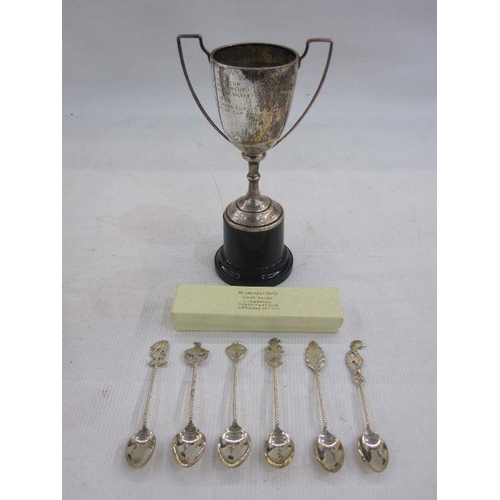 275 - White metal two-handled trophy with presentation inscription, marked 90, 14cm high and assorted whit... 