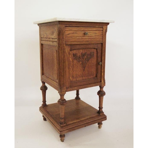 28 - 20th century white marble-topped pot cupboard on oak base with single drawer and cupboard door, turn... 