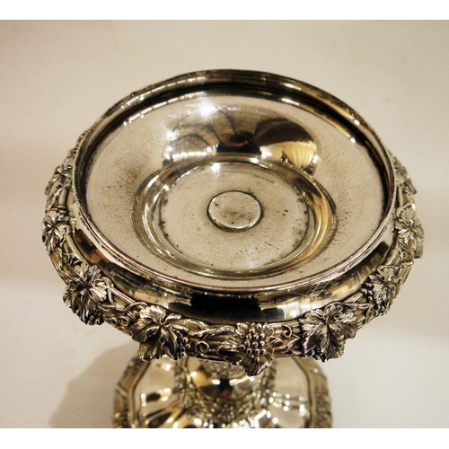 284 - Silver-plated table centrepiece with fruiting vine and everted rim, panelled foliate column, panelle... 