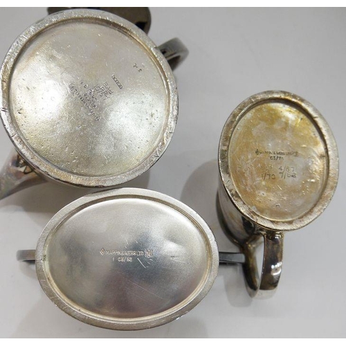 303 - Silver-plated tea service marked 'P&O' to include hot water jug, coffee pot, teapot, milk jug, sugar... 