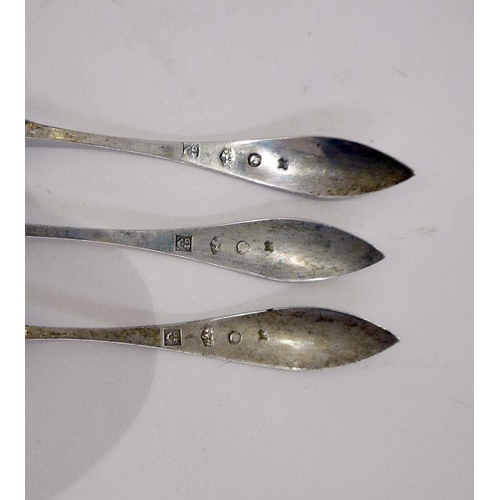 307 - Set of six French silver-coloured metal tea/grapefruit spoons with pointed panelled bowls and engrav... 