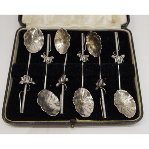 309 - Set of six 1920's Chinese silver spoons, lilypad and floral decorated, marked 'HM', 2ozt approx, box... 