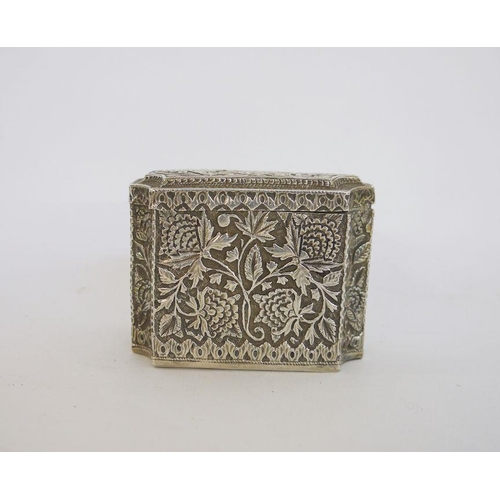 310 - Two Burmese silver-coloured metal trinket boxes, one rectangular with hinged lid, stylised floral an... 