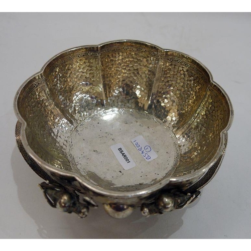 313 - Chinese white metal bowl of lobed circular form with hammered decoration and Greek key borders, with... 