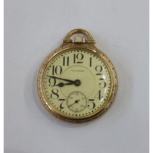 318 - Waltham rolled gold open-faced pocket watch with cream dial, large Arabic numerals and subsidiary se... 