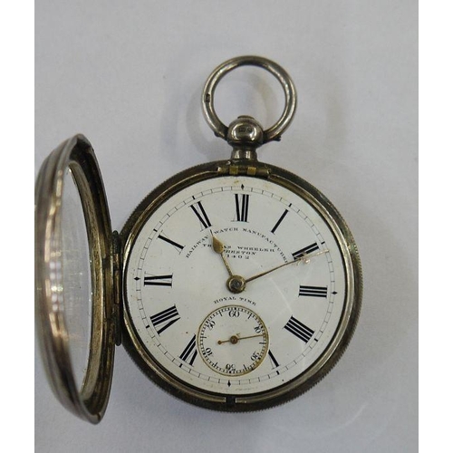 320 - Silver open-faced railway watch, Chester 1878, the white enamel dial marked 'Thomas Wheeler, Preston... 