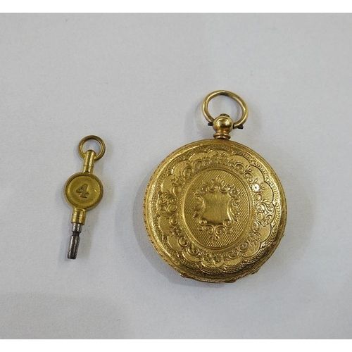 321 - Lady's 18K gold open-faced fob watch, having engraved and engine-turned gold-coloured dial, Roman nu... 