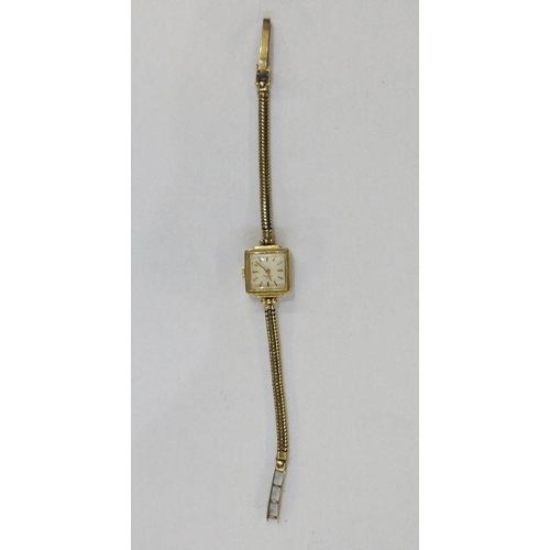 329 - Lady’s Rotary 9ct gold wristwatch having square dial with baton numerals and the flexible mesh snake... 