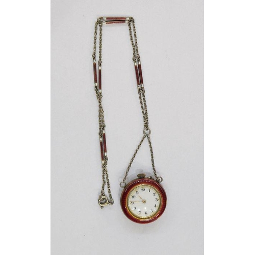 330 - A lady's silver and red enamel fob pendant watch on silver and red enamel chain