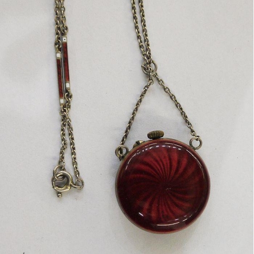 330 - A lady's silver and red enamel fob pendant watch on silver and red enamel chain