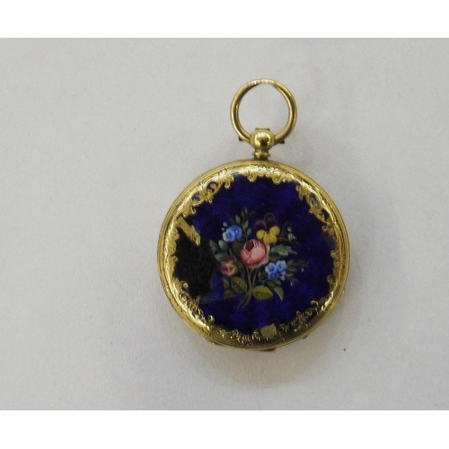 331 - A Victorian 18ct gold and blue enamel lady's fob watch, floral decorated to reverse