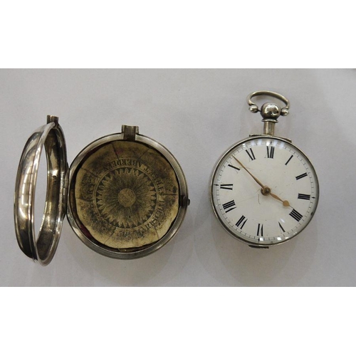 333 - George III gent's pair-cased silver pocket watch with white enamel dial, Roman numerals, the outer a... 