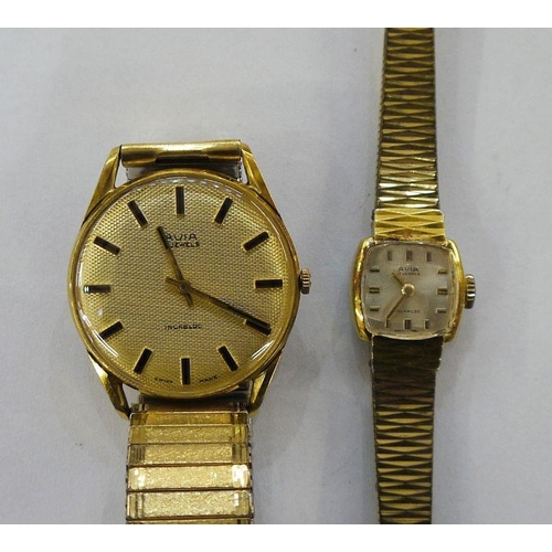 339 - Lady's Avia gold plated wristwatch with lozenge patterned strap and a gentleman's gold plated Avia w... 