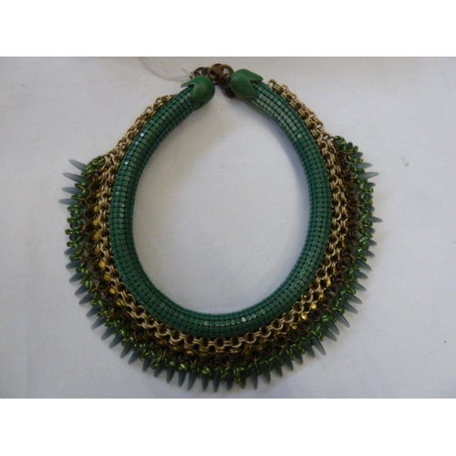 369 - Sveva collarette necklace, green with pink, blue, green and grey borders, in box