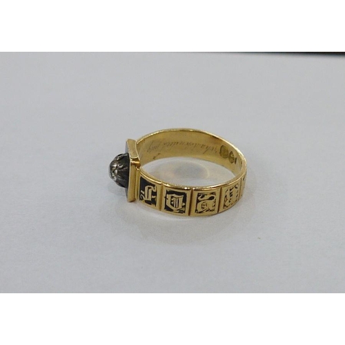 374 - Early Victorian gold, diamond and black enamel memorial ring with inscription (worn to reverse), set... 