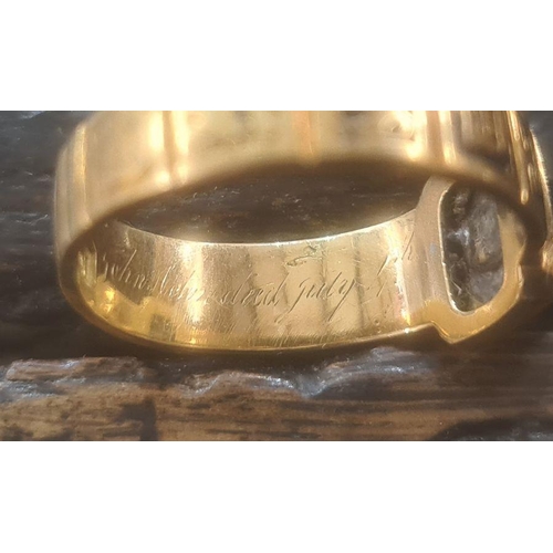 374 - Early Victorian gold, diamond and black enamel memorial ring with inscription (worn to reverse), set... 