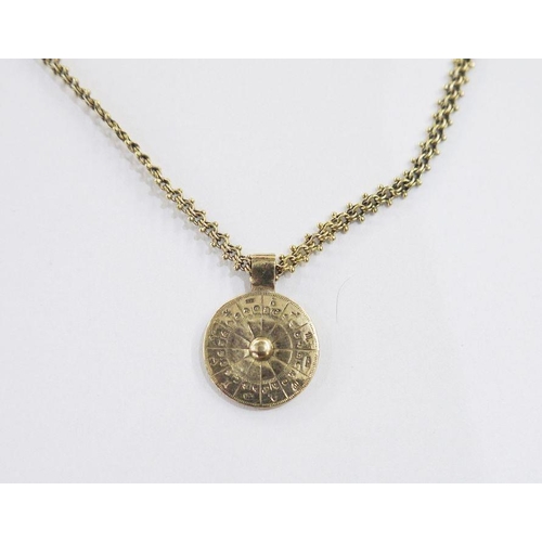 378 - 9ct gold modern Zodiac dial pendant on ornate fancy link chain, 15.9g approx.