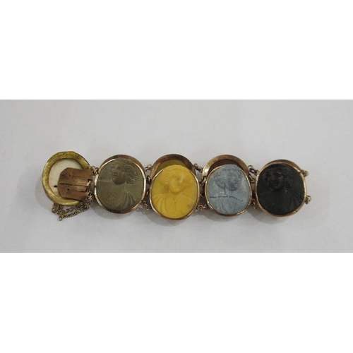 390 - Gold-coloured metal and lava cameo portrait medallion bracelet with nine portrait medallions (some d... 