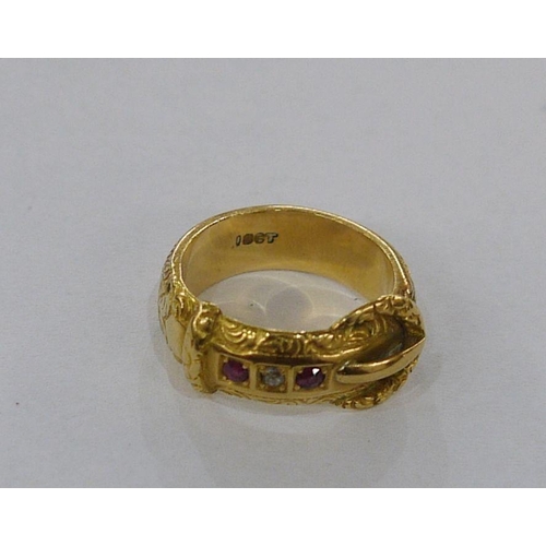 394 - 18ct gold, ruby and diamond buckle ring, set two small rubies and one diamond, with scroll engraved ... 