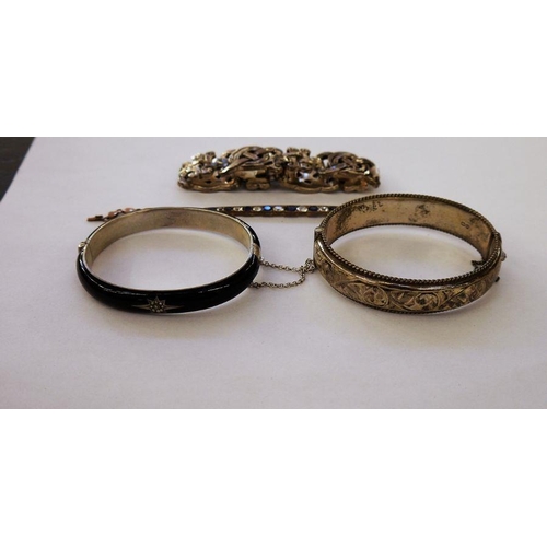 407 - Foreign silver Mexican bracelet, a silver bangle scroll engraved, a silver-coloured and black enamel... 