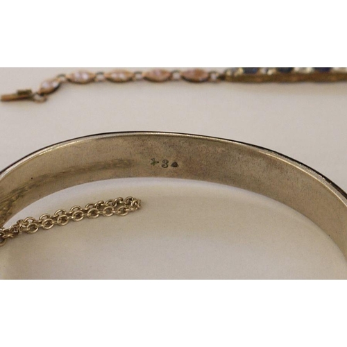 407 - Foreign silver Mexican bracelet, a silver bangle scroll engraved, a silver-coloured and black enamel... 