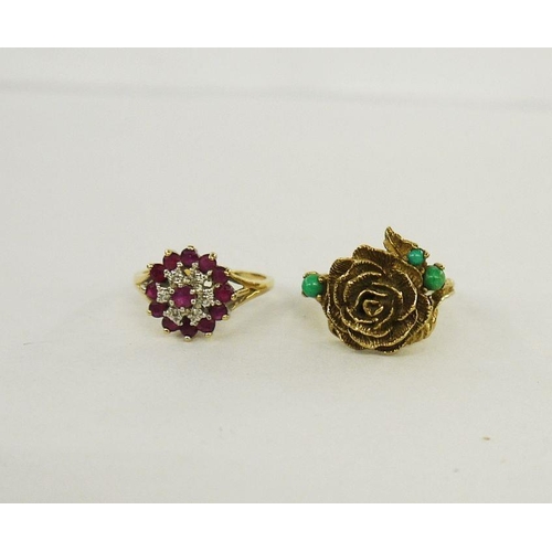 440 - 10K gold garnet cluster ring, 3g approx. and a 9ct gold flower ring, 5g approx. (2)