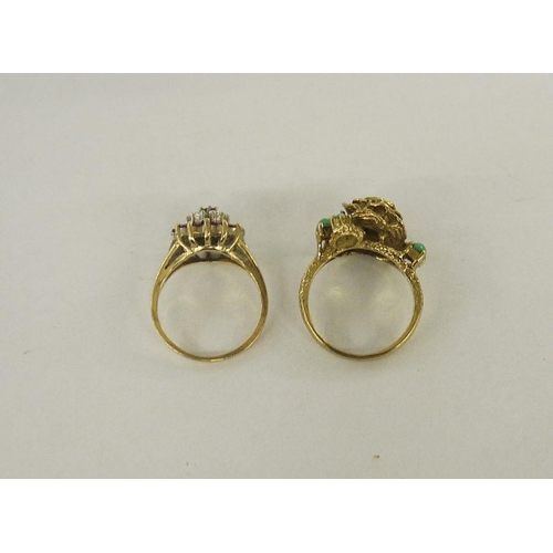 440 - 10K gold garnet cluster ring, 3g approx. and a 9ct gold flower ring, 5g approx. (2)