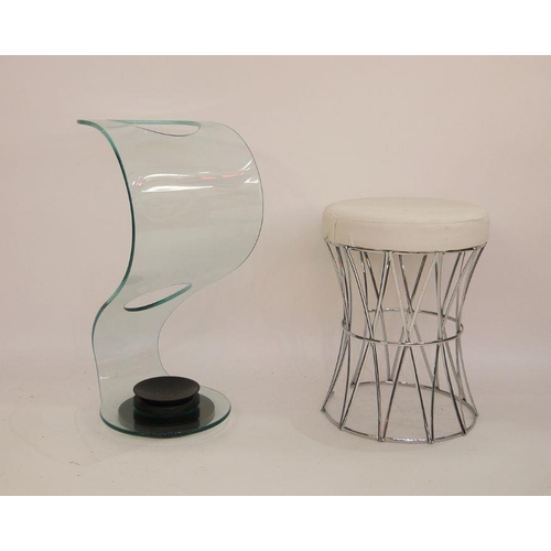 46 - Modern Tam Tam shaped circular stool with cream leather top, on chromed base and a Fiam Italia glass... 