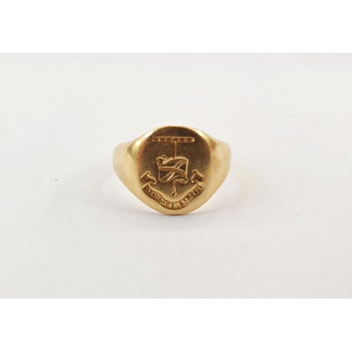 480 - Lady's gold-coloured metal signet ring with crest, 5g approx.