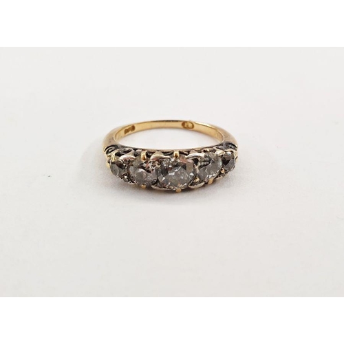 489 - Gold five-stone diamond ring set with graduated old-cut diamonds, marked 18, finger size N (largest ... 