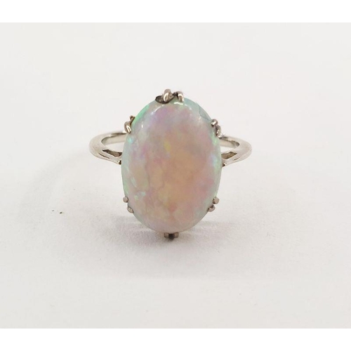 490 - White metal ring set with an oval opal cabochon, finger size H (unmarked)