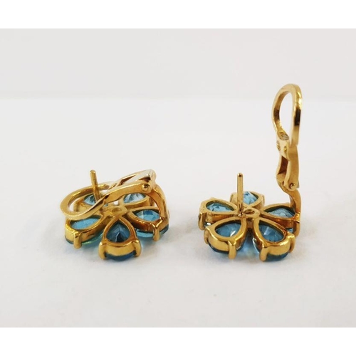 496 - Pair 18K gold and turquoise stone, possibly tourmaline, flowerhead pattern earrings, each having fiv... 