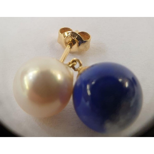 516 - Pair 18K cultured pearl and lapis lazuli earrings, each set one each pearl and lapis