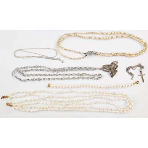 531 - Triple string of freshwater pearls, various strings of faux pearls, a diamante necklace, watches and... 