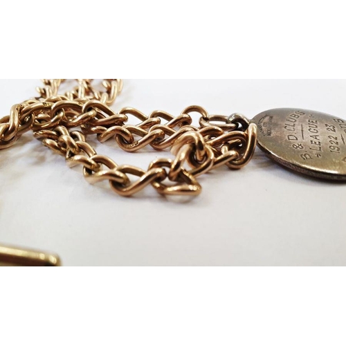 533 - 9ct rose gold curb-link albert chain with T-bar and enamelled silver billiard fob, the chain 28g app... 