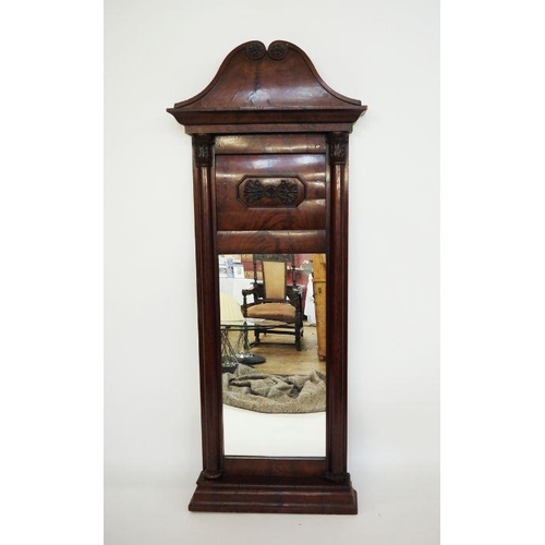 6 - Victorian mahogany mirror with swan-neck pediment, flame mahogany veneer finish, on turned and carve... 